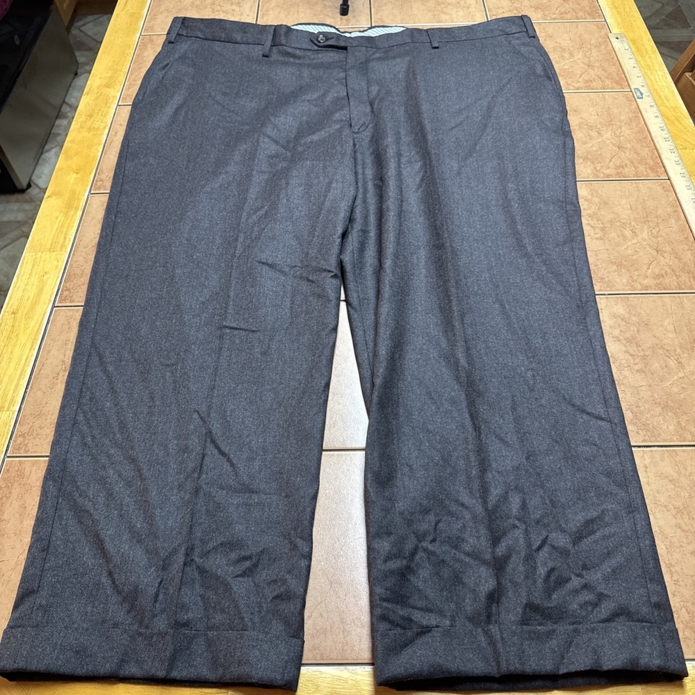 Berle Dress Pants Mens Sz 48 x 27 Solid Brown Flannel Wool Flat Front Trousers